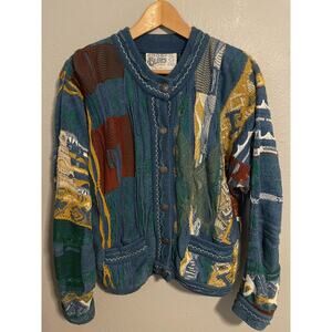 Vintage Coogi Blues Cardigan Sweater Men Medium Multicolor 3D Knit Australia 90s